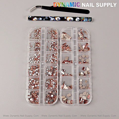 [Rose Gold] Multi Shape Size Nail Crystal Gem Rhinestone Set with kit on a gray surface.