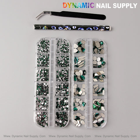 [Green] Multi Shape Size Nail Crystal Gem Rhinestone Set with kit—flat back, mixed shapes, ideal for any nail art kit.