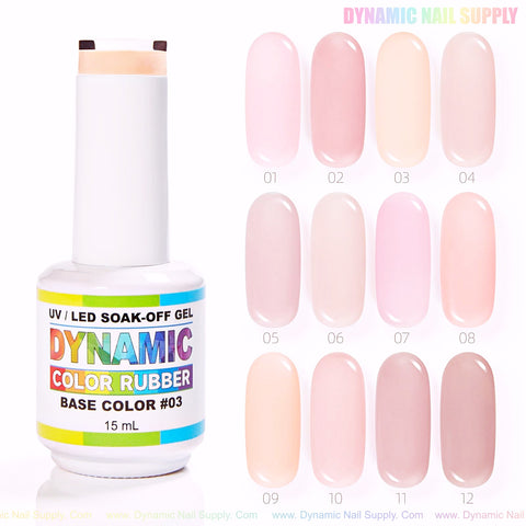A bottle of BIAB Rubber Base Nude Color Builder Gel Polish, with 12 swatches labeled 01-12.