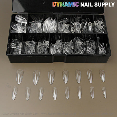 Black box holds Sculpted Almond (Long) Soft-Gel Nail Tips, with sample sizes organized in rows underneath.
