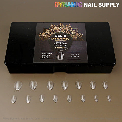 Black box labeled Sculpted Almond (Short) with 15 full cover soft-gel nail tips, arranged by size in front.