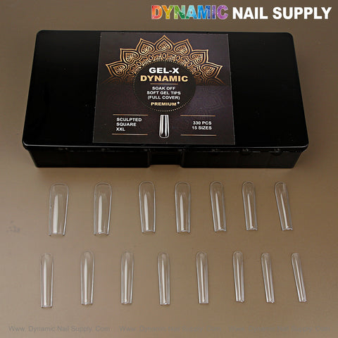 Black box labeled Sculpted Square (XXL) Full Cover Soft-Gel Nail Tips with neat rows of square nail tips below.
