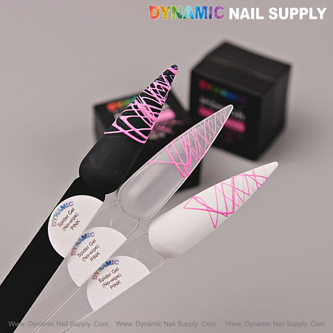 Three nail samples—matte black, clear, & white—feature pink lines made with No-wipe Ready for Chrome Spider Gel.
