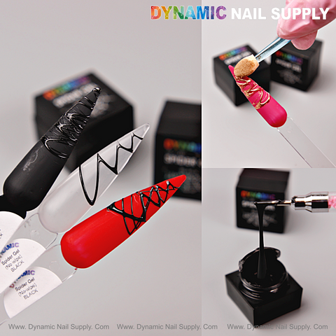 Three No-wipe Ready for Chrome Spider Gels for lines and spider webs with Dynamic Nail Supply branding and tools.
