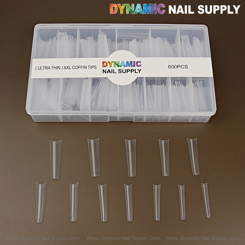 Dynamic Nail Supply box holds 500 Ultra Thin 2XL Coffin Nail Tips (XXL, No C-Curve), with 12 clear tips shown.