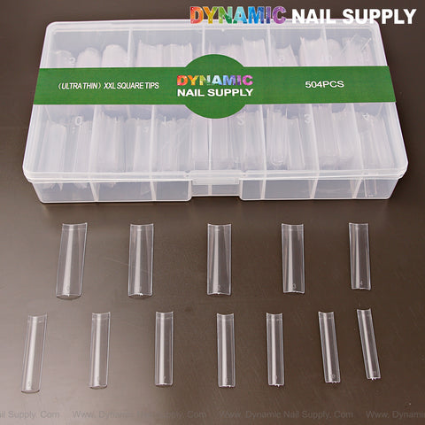 A clear box labeled DYNAMIC NAIL SUPPLY holds 504 XXL Ultra Thin Square Nail Tips in 12 sizes.