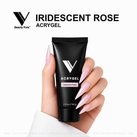 Long nails hold a V Beauty Pure AcryGel tube labeled Iridescent Rose on a white background.