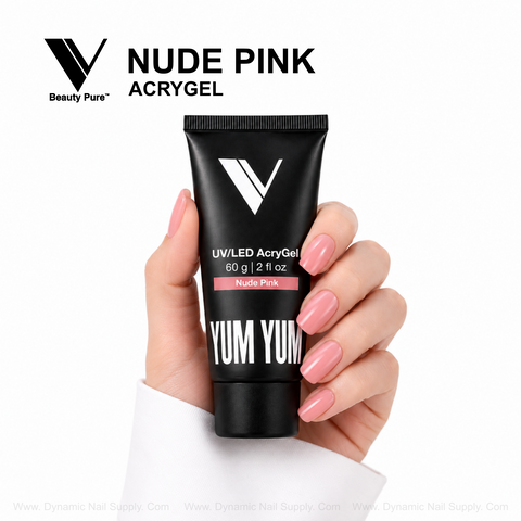 A hand with nude pink nails holds a V Beauty Pure Nude Pink AcryGel tube, ideal for flawless nail enhancements.