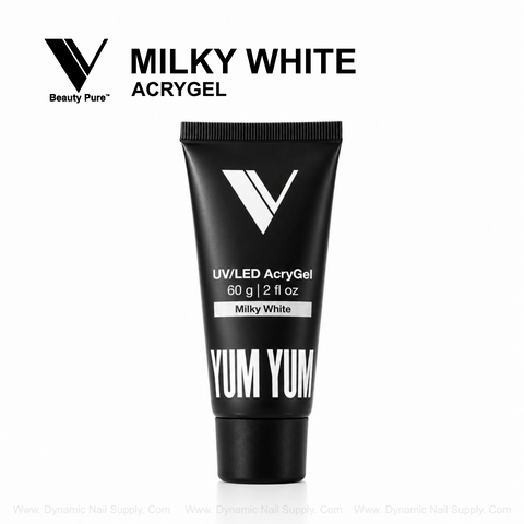 Black tube labeled Milky White - V Beauty Pure AcryGel; bold brand logo above; salon-quality nail enhancements inside.