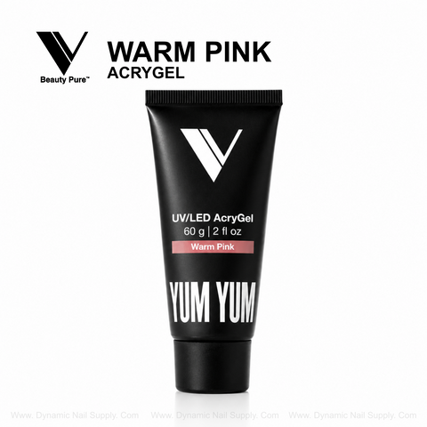 Black tube labeled “Warm Pink - V Beauty Pure AcryGel” for salon-quality nails, bold Beauty Pure logo displayed above.