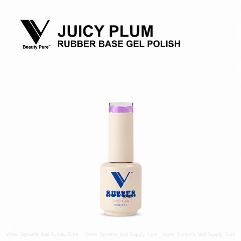 A beige bottle of V Beauty Pure - Juicy Plum Rubber Base Gel Polish with a purple stripe, on a white background.