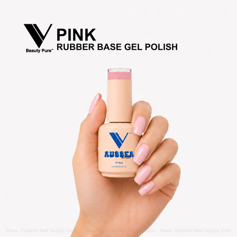 Hand with pink manicured nails holds V Beauty Pure - Pink Rubber Base Gel Polish to strengthen natural nails.