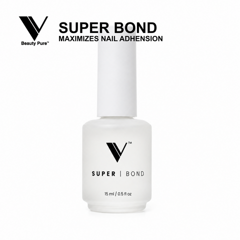 White bottle labeled V Beauty Pure Super Bond Primer, acid-free for max adhesion, with black text and Beauty Pure logo.