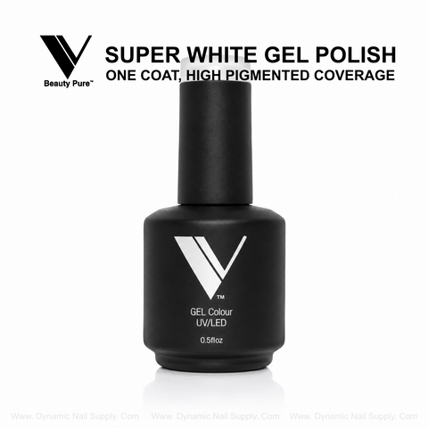 Matte black bottle labeled V Beauty Pure - Super White Gel Polish 045—a salon-quality, highly pigmented gel polish.