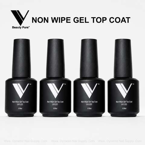 Four V Beauty Pure - Non Wipe Gel Top Coat bottles, black and glossy, stand in a row on a white background.