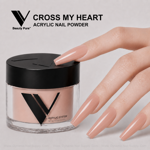 Hand with long, glossy nude nails and V Beauty Pure - Cross My Heart Acrylic Powder, ideal for flawless nail art.