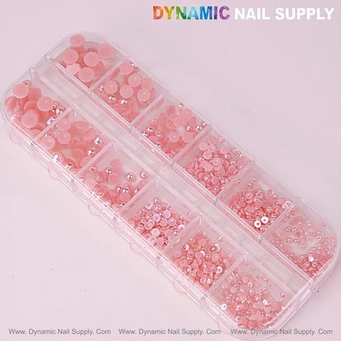 12 grid Pink Pearl Beads Nail Charms feature mixed sizes of round flatback stones for DIY designs.