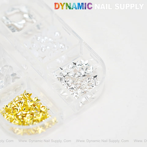 Sparkling Gold & Silver Star Nail Charms with Clear/White Beads—perfect rhinestones for nail DIY, by DYNAMIC NAIL SUPPLY.