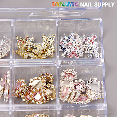 Pink Silver Gold Heart Shape Cherry Crown Planet Charm Set Box for nail art DIY design accessories.