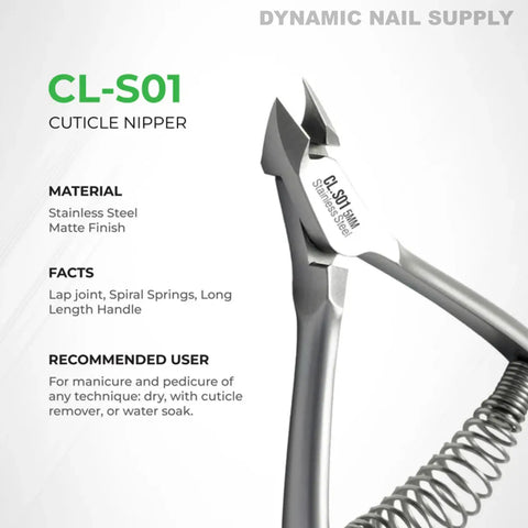CL.S01 5MM Professional Cuticle Nippers, spiral springs, stainless steel; info and tips shown on a white background.