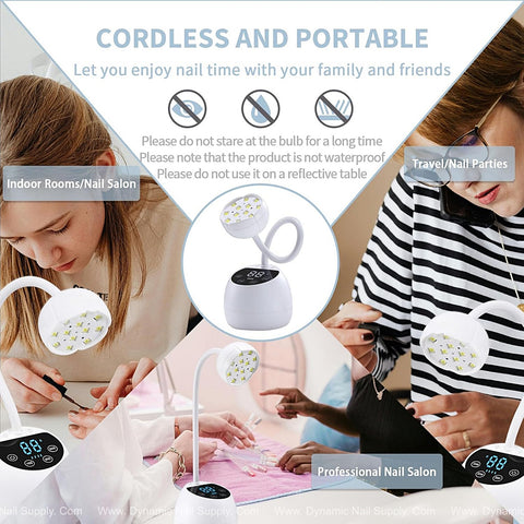 Collage shows people using the [White] Mini Flash Cure UV LED Lamp 36W for fast gel curing at home, parties, and salons.