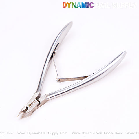 NT1218 - G03 5mm Professional Stainless Steel Cuticle Nippers, curved handles; Dynamic Nail Supply text above.