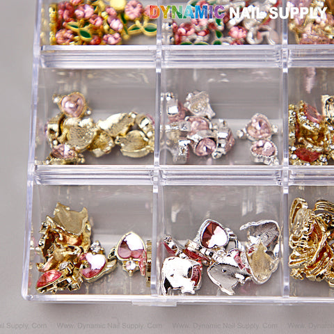 Pink Silver Gold Heart Shape Cherry Crown Planet Charm Set Box—Nail Art DIY Design Accessories organizer.