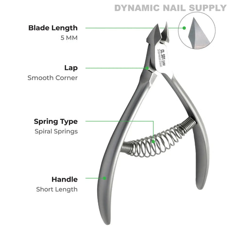 CL.S01 5MM Professional Cuticle Nippers with spiral springs, stainless steel, short handles on white background.