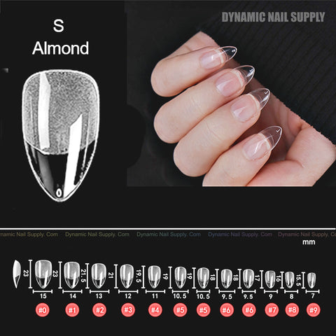 Hand with [Almond S] Full Cover Soft Gel Tips, 10 sizes; size chart in mm shown below.