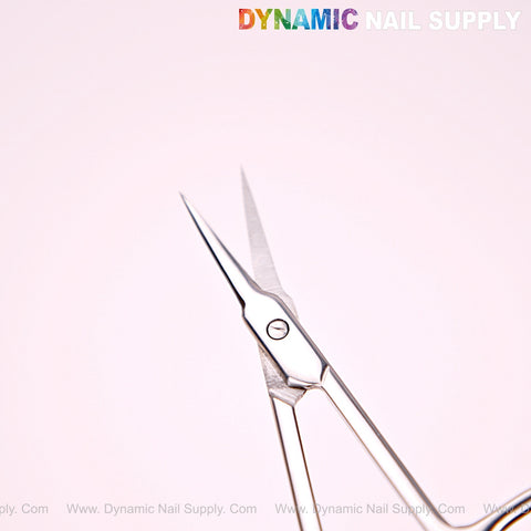 NT1215 - Silver Premium Curved Tip Cuticle Scissors, stainless steel, shown open on light background with logo above.