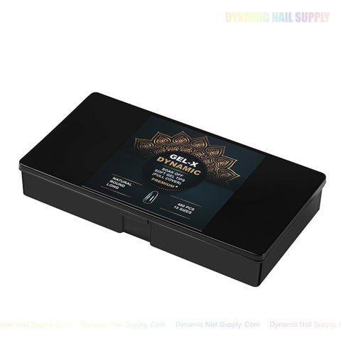 A black box labeled Natural Round (Long) Full Cover Soft-Gel Nail Tips, closed and viewed from above with gold and blue accents.
