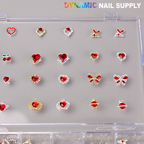 Red Silver Gold Heart Shape Cherry Crown Planet Charm Set Box for nail art DIY under DYNAMIC NAIL SUPPLY branding.