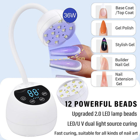 The White Mini Flash Cure UV LED Lamp 36W has a gooseneck, auto sensor, fast gel curing & is portable via USB.