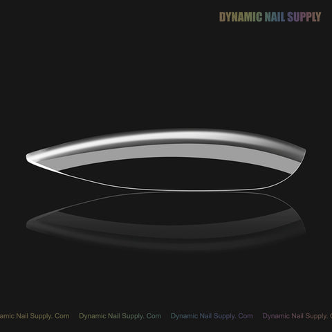 A clear, glossy, almond-shaped Natural Round (Long) Full Cover Soft-Gel Nail Tip with black box and logo top right.