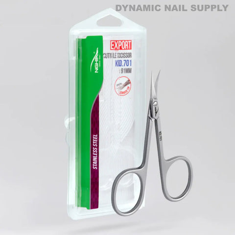 KD.701 Professional Cuticle Scissors with curved stainless steel tips shown next to green and white export packaging.