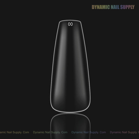 A single, glossy black Natural Coffin (Long) Full Cover Soft-Gel Tip labeled 00 on black with Dynamic Nail Supply branding.