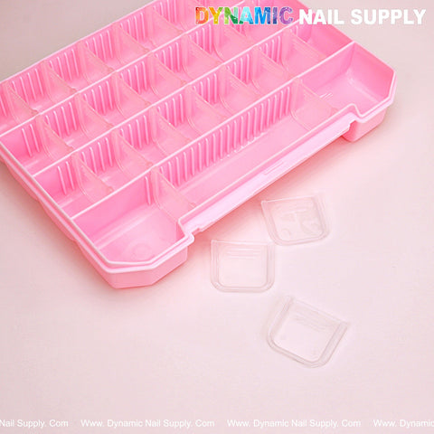 Pink 30 grid 10x7 inch large plastic charm organizer case with removable dividers and some lids beside the box.