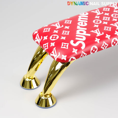 [R-A043] Red 5upreme Pattern handrest armrest for manicure/pedicure—stylish salon accessory with gold legs.