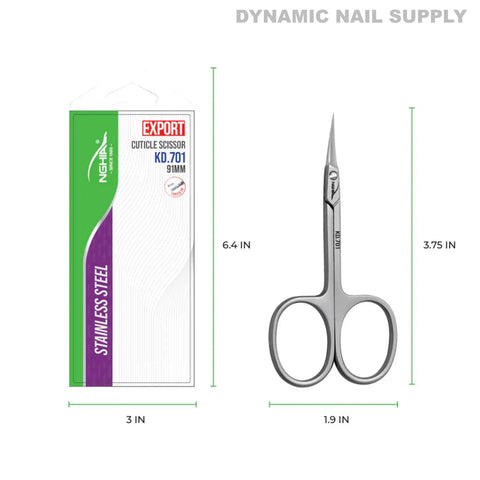 KD.701 Professional Cuticle Scissors with curved tips, stainless steel; shown with packaging. Size: 3.75x1.9cm, 6.4x3cm.