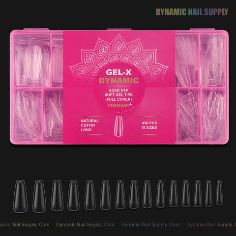 A pink box labeled Natural Coffin (Long) holds assorted full cover soft-gel nail tips in multiple sizes.