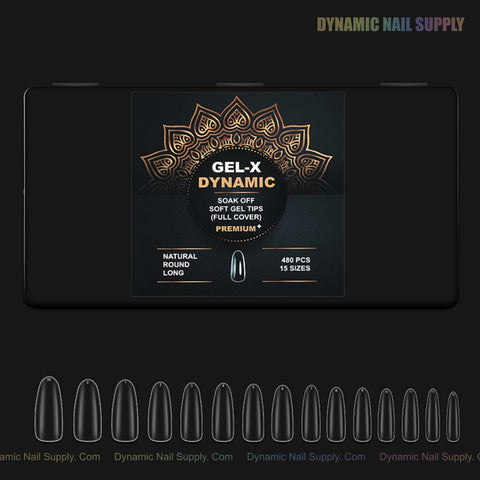 Black box of Natural Round (Long) Full Cover Soft-Gel Nail Tips with gold mandala, product info, and sample shapes below.