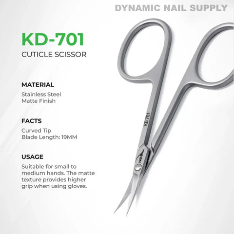 KD.701 Professional Cuticle Scissors with curved tips and finger loops in stainless steel, shown on white background.