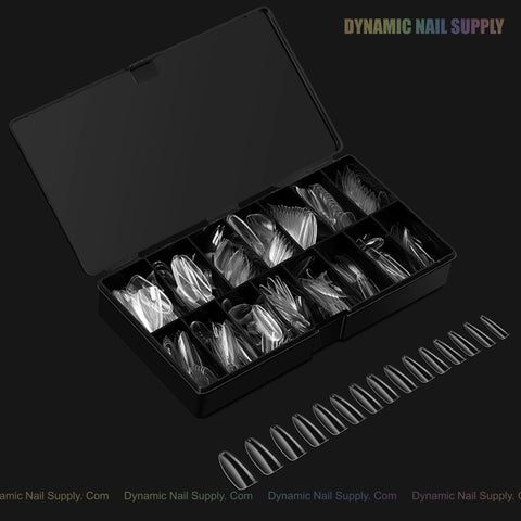 A black box holds Natural Round (Long) Full Cover Soft-Gel Nail Tips, with a size-ordered row displayed in front.