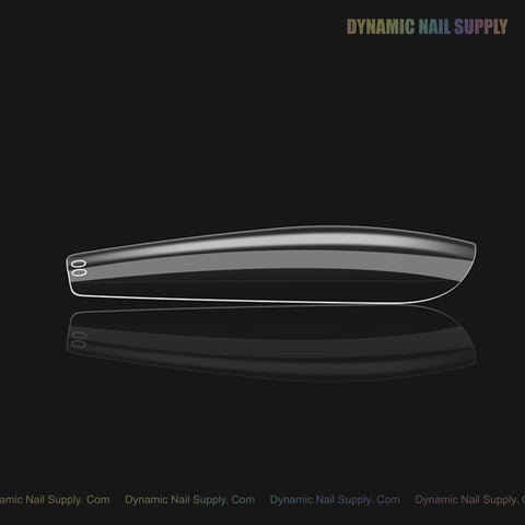 Sleek, glossy Natural Coffin (Long) Soft-Gel Nail Tips in pink box; reflected on black, Dynamic Nail Supply shown.