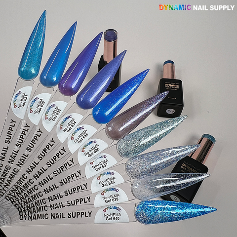 Eight glitter swatches sit near Dynamic No-HEMA Gel Polish (Colors 631–640) bottles from Dynamic Nail Supply.