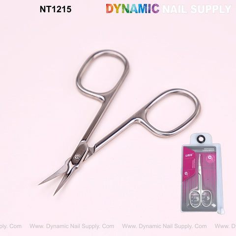 NT1215 Silver Premium Curved Tip Cuticle Scissors, wide loops, with package image on a white background.