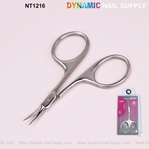 NT1216 Silver Professional Curved Tip Cuticle Scissors with stainless steel blades, shown next to their packaging.