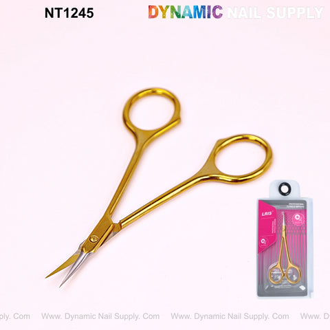NT1245 - Gold Premium Curved Tip Cuticle Scissors, stainless steel, shown solo and packaged on light pink.