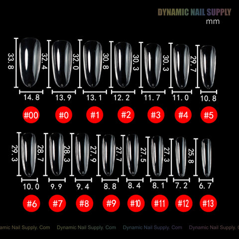 Thirteen Natural Round (Long) Soft-Gel Nail Tips, each sized in mm with a red number below, in a Black Box.