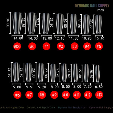 Fourteen Natural Coffin (Long) Soft-Gel Nail Tips (#0–#13), sized with precise mm length and width, in a pink box.